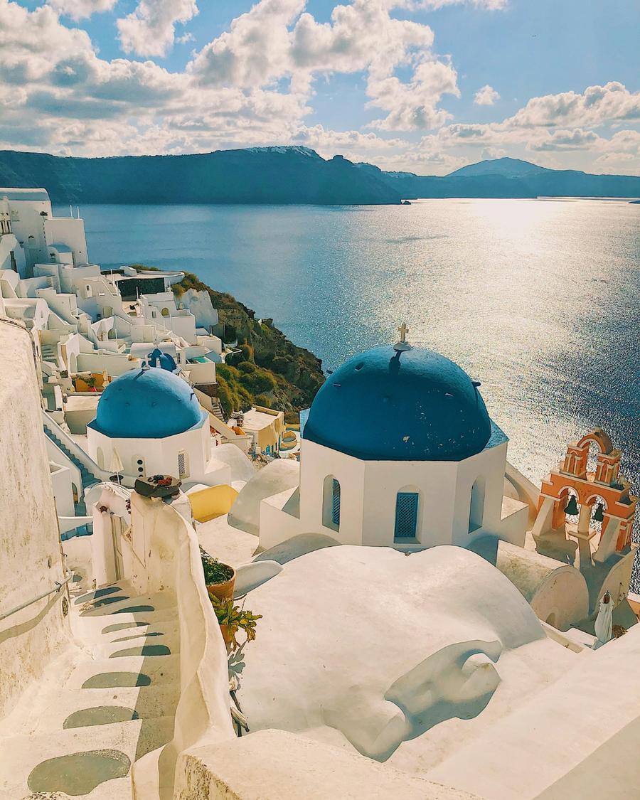Blue-domed buildings in Santorini, Greece